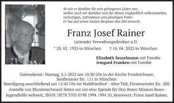 Traueranzeige von Franz Josef Rainer von merkurtz