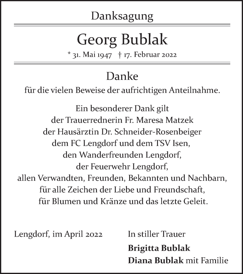  Traueranzeige für Georg Bublak vom 02.04.2022 aus merkurtz