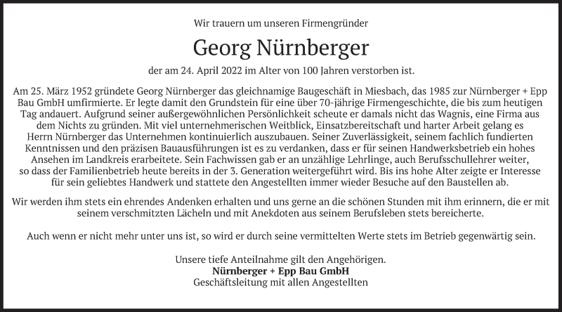  Traueranzeige für Georg Nürnberger vom 26.04.2022 aus merkurtz
