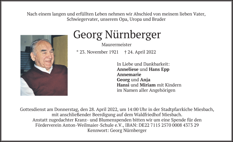  Traueranzeige für Georg Nürnberger vom 26.04.2022 aus merkurtz