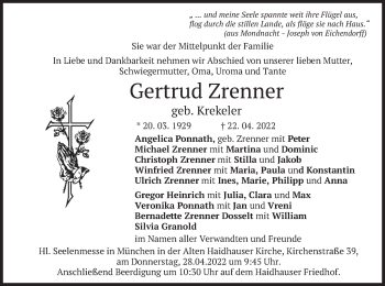 Traueranzeige von Gertrud Zrenner von merkurtz