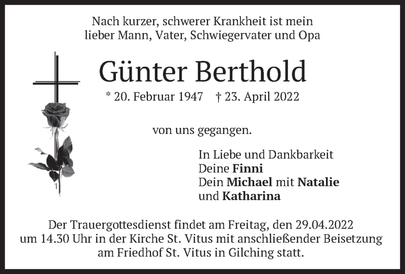  Traueranzeige für Günter Berthold vom 27.04.2022 aus merkurtz