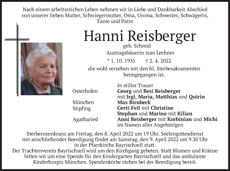  Traueranzeige für Hanni Reisberger vom 06.04.2022 aus merkurtz