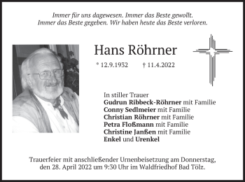 Traueranzeige von Hans Röhrner von merkurtz