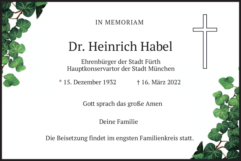  Traueranzeige für Heinrich Habel vom 16.04.2022 aus merkurtz