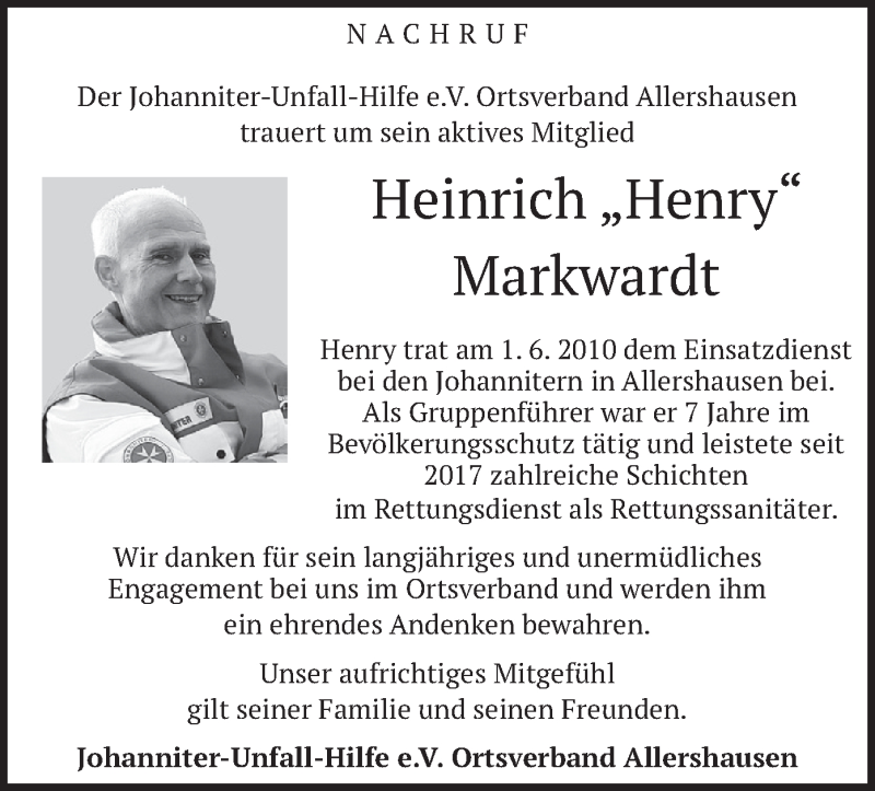  Traueranzeige für Heinrich Markwardt vom 30.04.2022 aus merkurtz