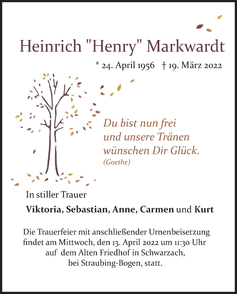  Traueranzeige für Heinrich Markwardt vom 08.04.2022 aus merkurtz