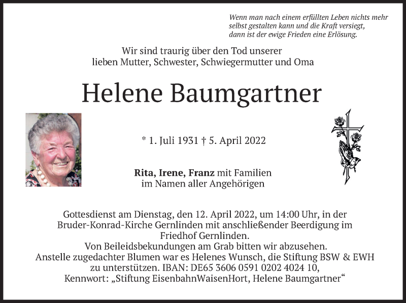  Traueranzeige für Helene Baumgartner vom 09.04.2022 aus merkurtz