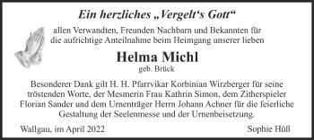 Traueranzeige von Helma Michl von merkurtz