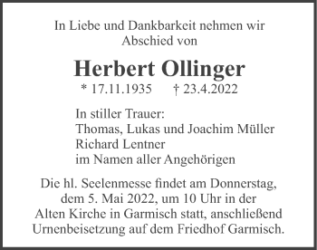 Traueranzeige von Herbert Ollinger von merkurtz