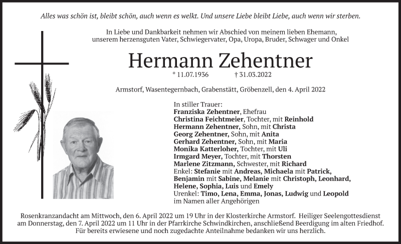  Traueranzeige für Hermann Zehentner vom 04.04.2022 aus merkurtz
