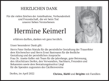 Traueranzeige von Hermine Keimerl von merkurtz