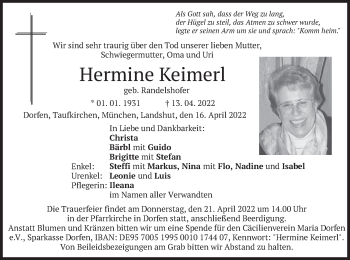 Traueranzeige von Hermine Keimerl von merkurtz