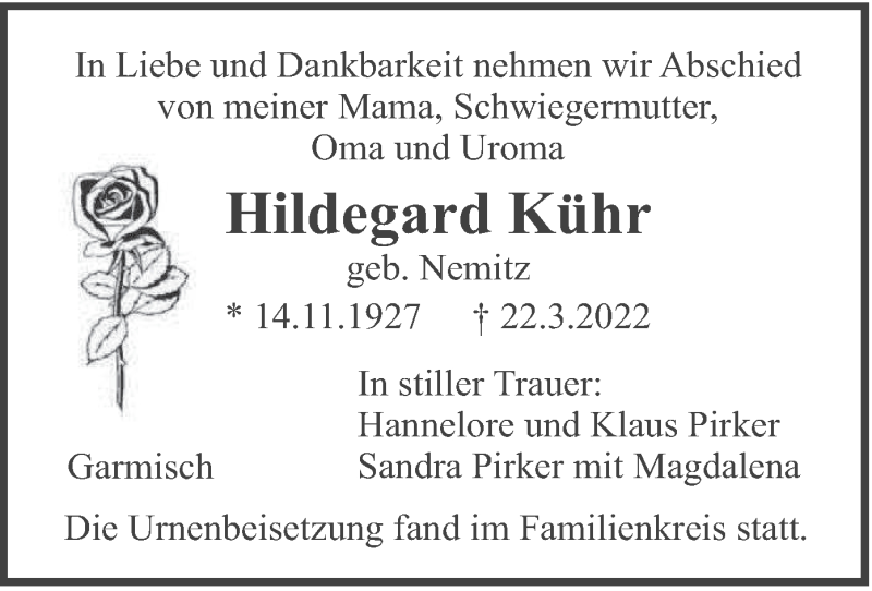  Traueranzeige für Hildegard Kühr vom 06.04.2022 aus merkurtz