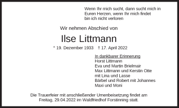 Traueranzeige von Ilse Littmann von merkurtz