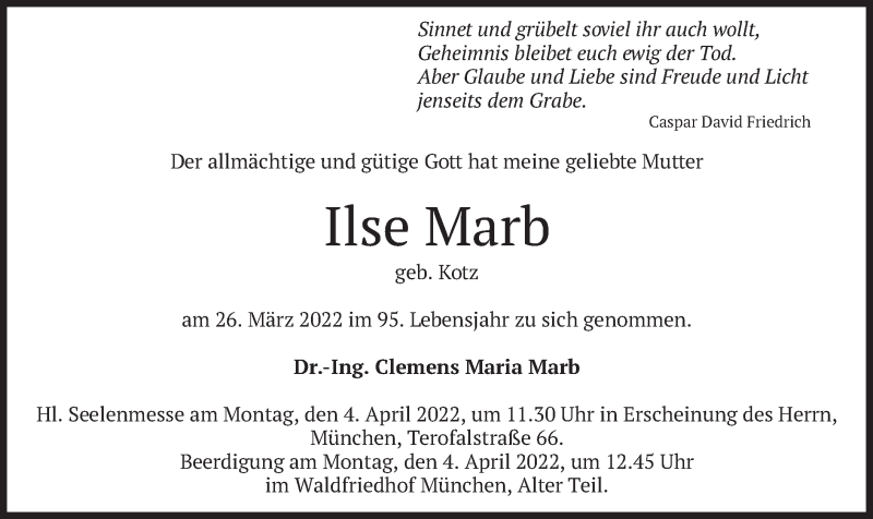  Traueranzeige für Ilse Marb vom 02.04.2022 aus merkurtz