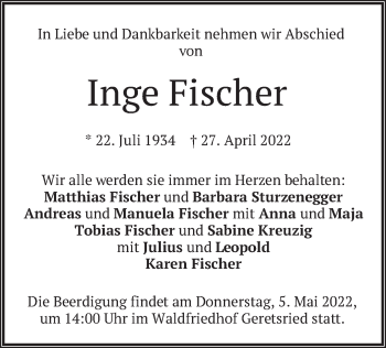 Traueranzeige von Inge Fischer von merkurtz