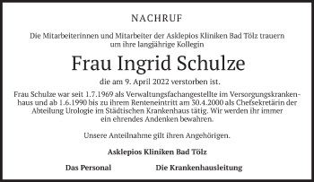 Traueranzeige von Ingrid Schulze von merkurtz