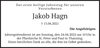 Traueranzeige von Jakob Hagn von merkurtz