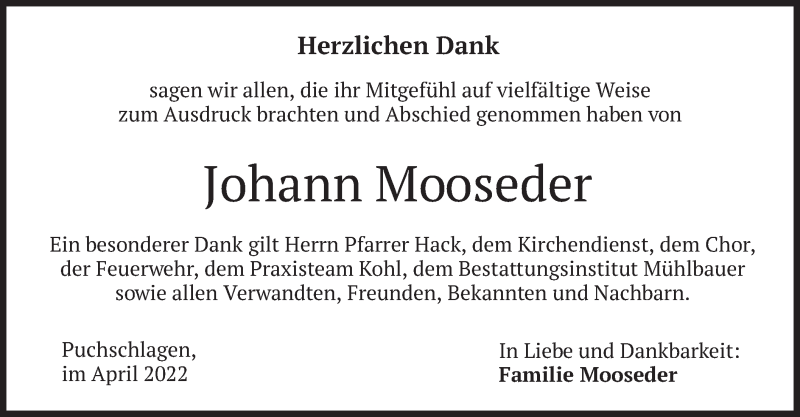  Traueranzeige für Johann Mooseder vom 23.04.2022 aus merkurtz