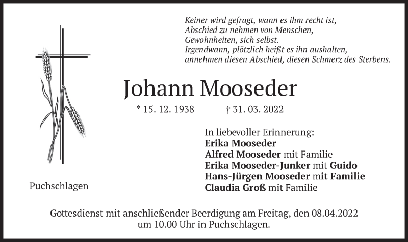  Traueranzeige für Johann Mooseder vom 04.04.2022 aus merkurtz
