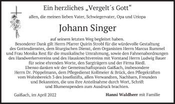 Traueranzeige von Johann Singer von merkurtz