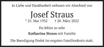 Traueranzeige von Josef Straus von merkurtz
