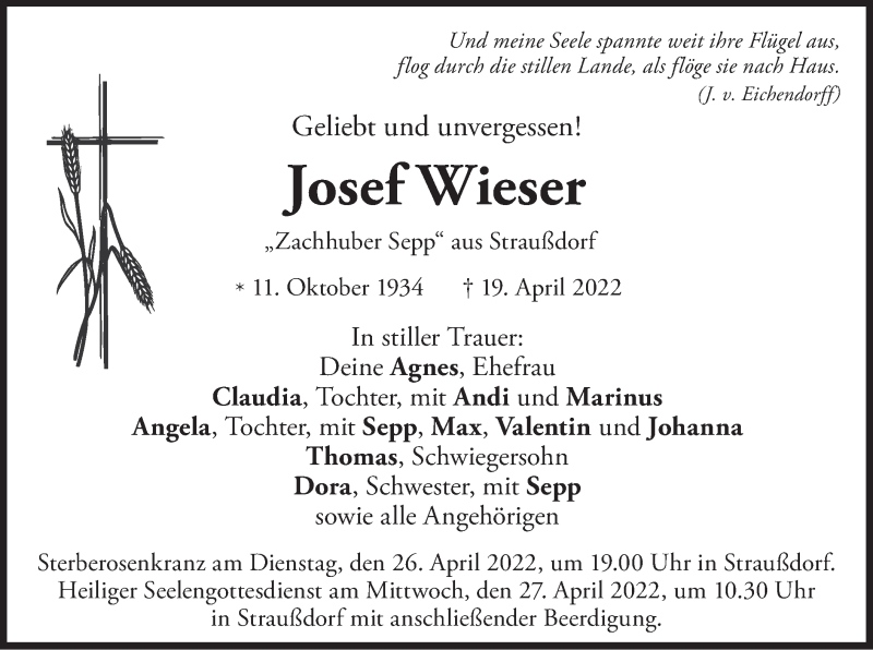  Traueranzeige für Josef Wieser vom 23.04.2022 aus merkurtz