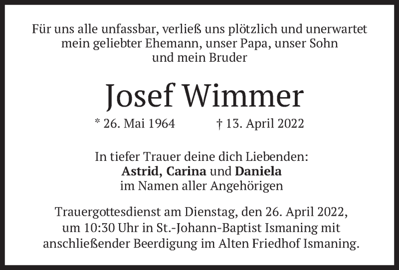  Traueranzeige für Josef Wimmer vom 22.04.2022 aus merkurtz