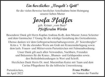 Traueranzeige von Josefa Pfeiffer von merkurtz