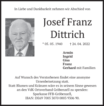Traueranzeige von Josef Franz Dittrich von merkurtz