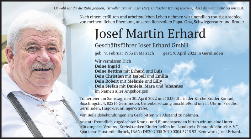  Traueranzeige für Josef Martin Erhard vom 23.04.2022 aus merkurtz