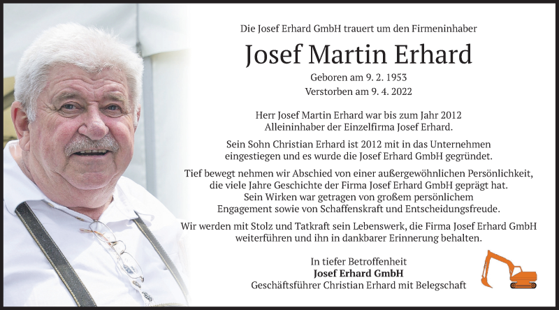  Traueranzeige für Josef Martin Erhard vom 16.04.2022 aus merkurtz