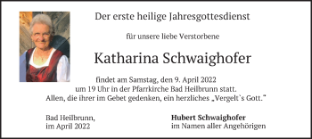 Traueranzeige von Katharina Schwaighofer von merkurtz