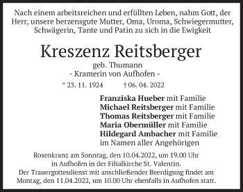 Traueranzeige von Kreszenz Reitsberger von merkurtz