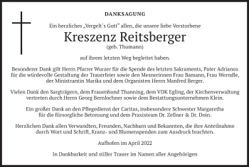 Traueranzeige von Kreszenz Reitsberger von merkurtz