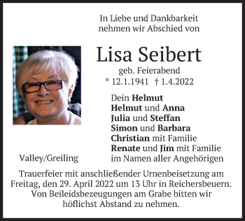 Traueranzeige von Lisa Seibert von merkurtz