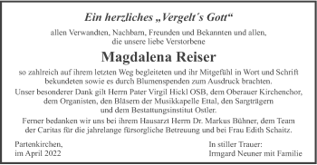 Traueranzeige von Magdalena Reiser von merkurtz