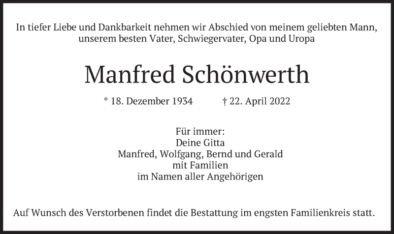  Traueranzeige für Manfred Schönwerth vom 27.04.2022 aus merkurtz