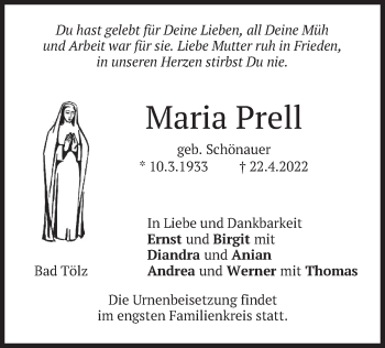 Traueranzeige von Maria Prell von merkurtz
