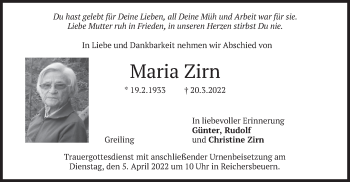 Traueranzeige von Maria Zirn von merkurtz