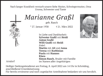 Traueranzeige von Marianne Gra von merkurtz
