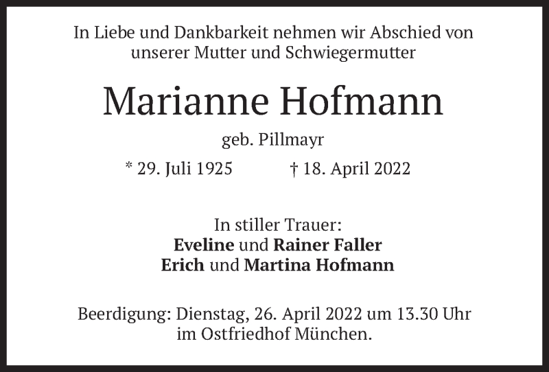  Traueranzeige für Marianne Hofmann vom 23.04.2022 aus merkurtz