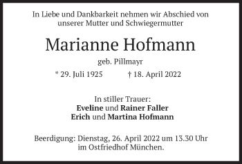 Traueranzeige von Marianne Hofmann von merkurtz