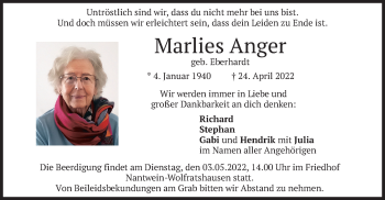 Traueranzeige von Marlies Anger von merkurtz