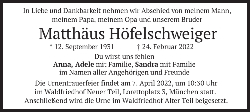  Traueranzeige für Matthäus Hofelschweiger vom 02.04.2022 aus merkurtz