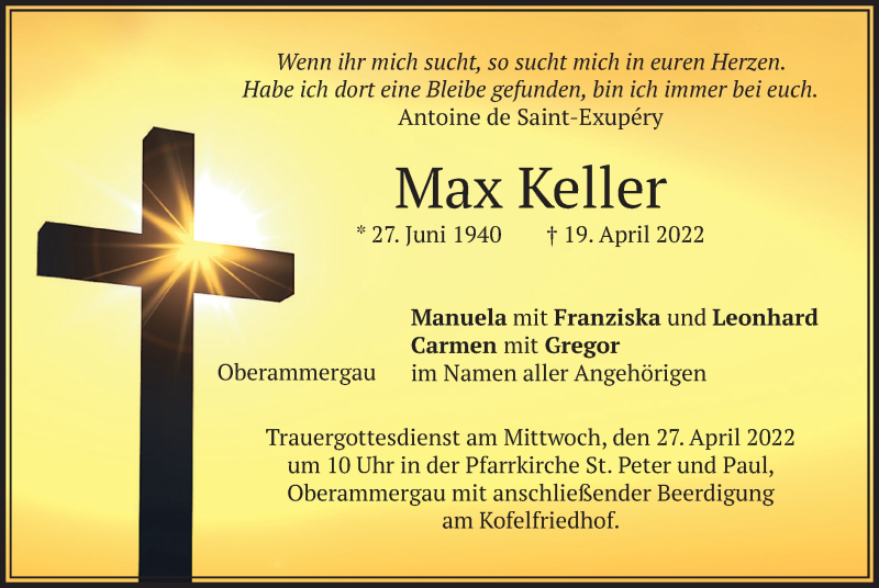  Traueranzeige für Max Keller vom 23.04.2022 aus merkurtz