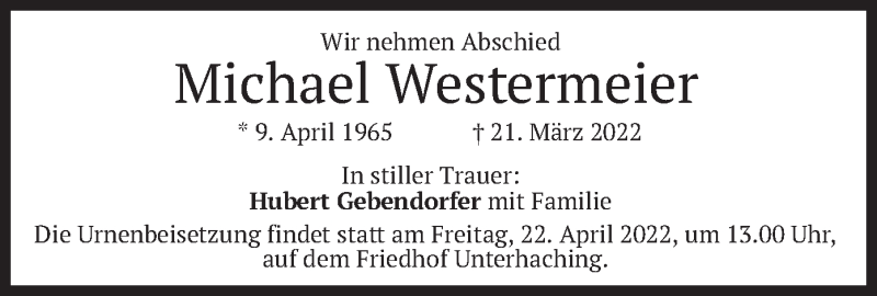  Traueranzeige für Michael Westermeier vom 08.04.2022 aus merkurtz
