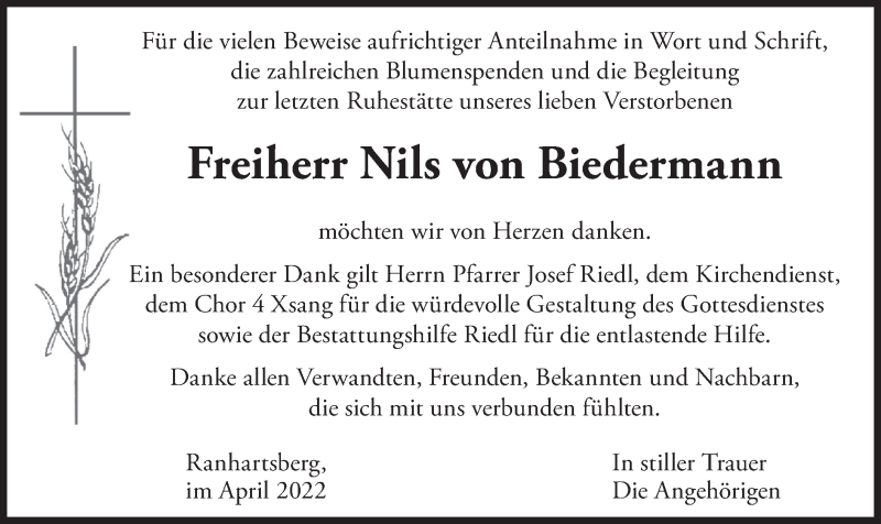  Traueranzeige für Nils Freiherr von Biedermann vom 09.04.2022 aus merkurtz