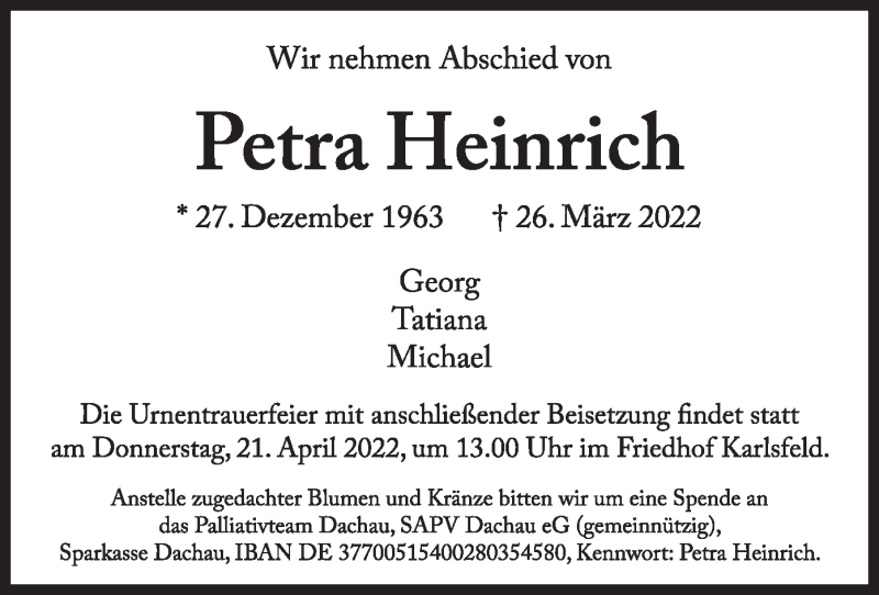  Traueranzeige für Petra Heinrich vom 16.04.2022 aus merkurtz